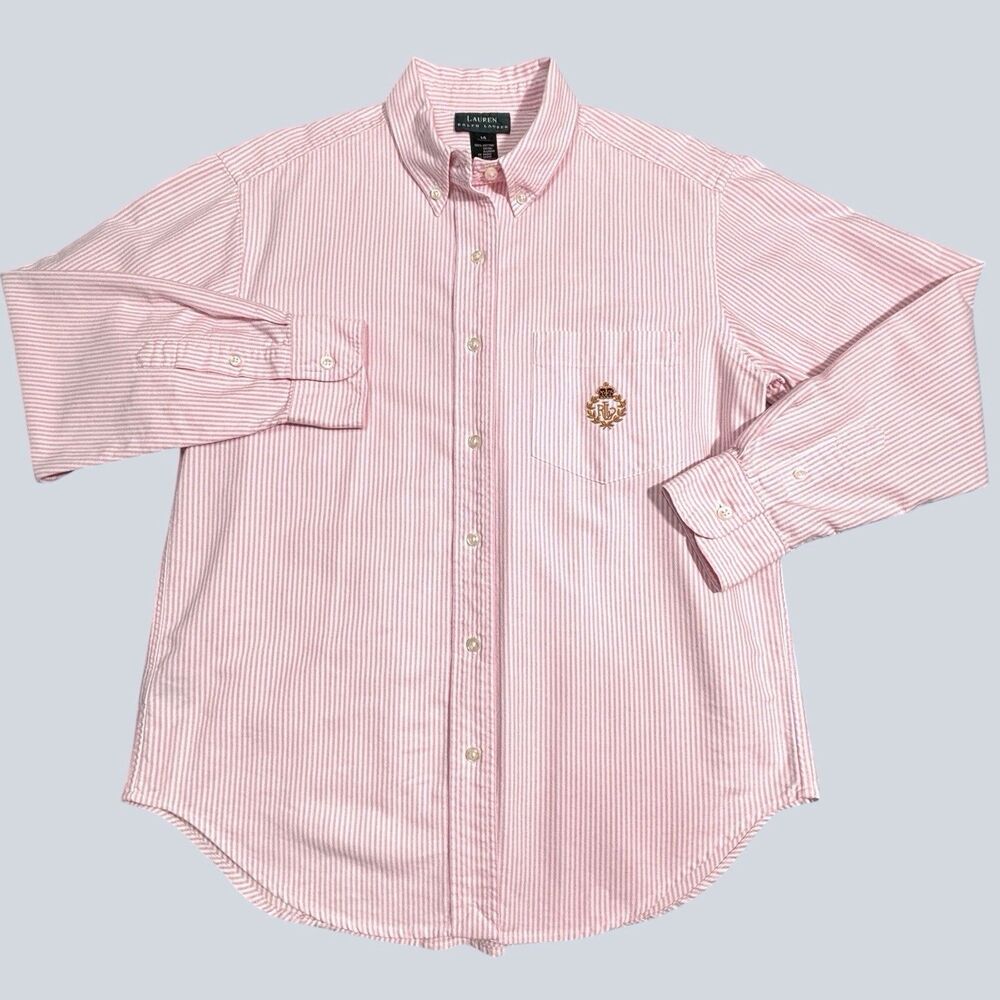 Lauren Ralph Lauren Oxford Shirt Womens 14 Pink Stripe Classic Embroidered Crest